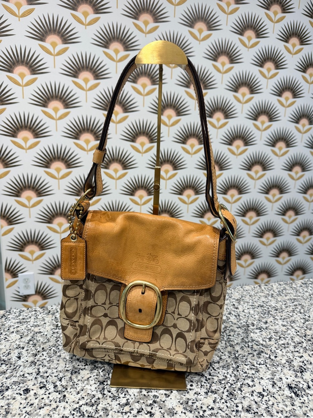 Coach Brown Signature Canvas Shoulder Bag with Tan Leather Flap